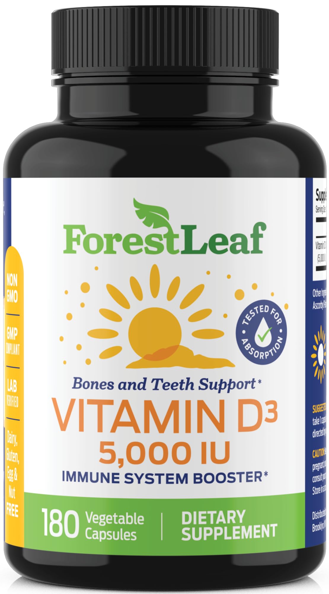 Pre-Order | Arrives in 5–10 Days – ForestLeaf Vitamin D3 5000 IU | VIT D - VIT D3 Vitamin D Supplements for Women and Men | Bone Health, Teeth and Immune Support | Easy to Swallow Pills | One Capsule Daily, 6-Month Supply, 180 Count