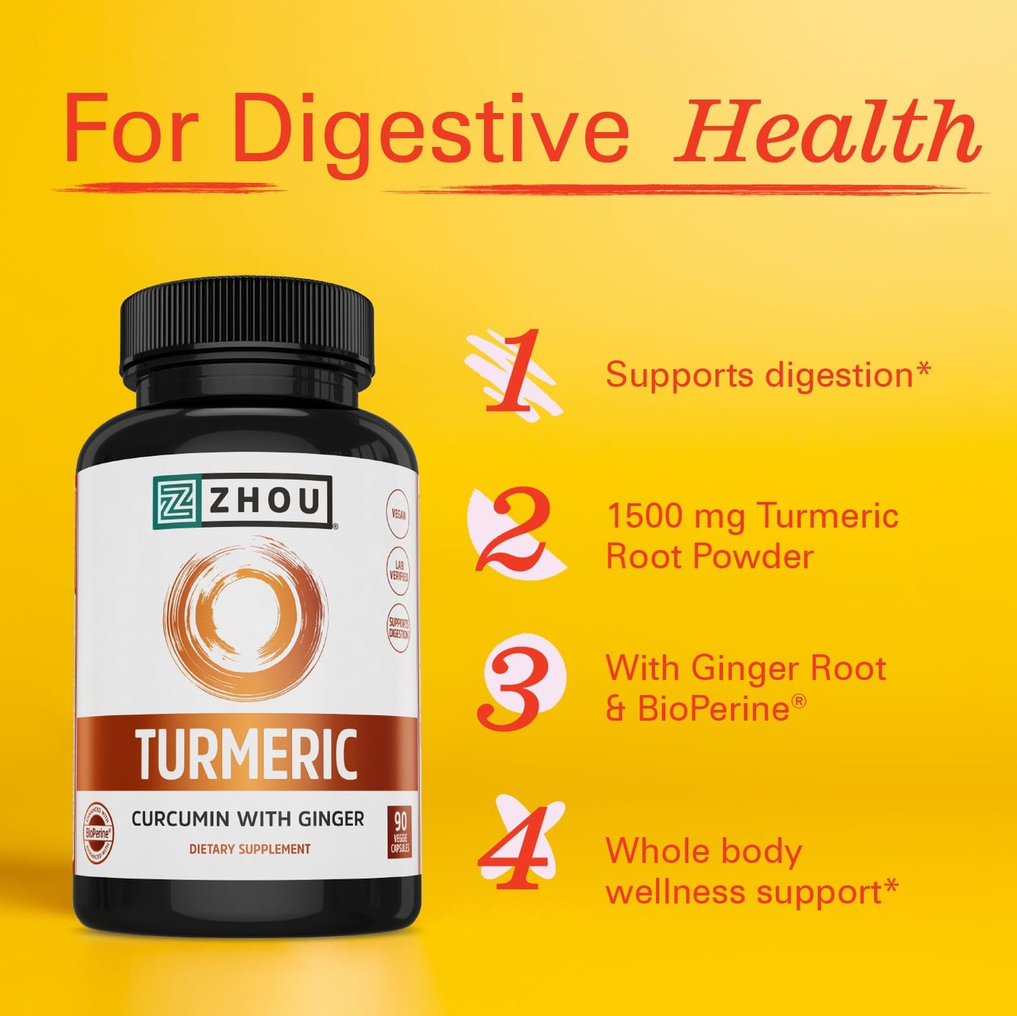 Pre-Order | Arrives in 5–10 Days – Zhou Turmeric Curcumin with Ginger - Turmeric and Ginger Supplement for Women and Men, Curcuminoids with Black Pepper Extract for Digestion and Digestive Health - 90 Veggie Capsules