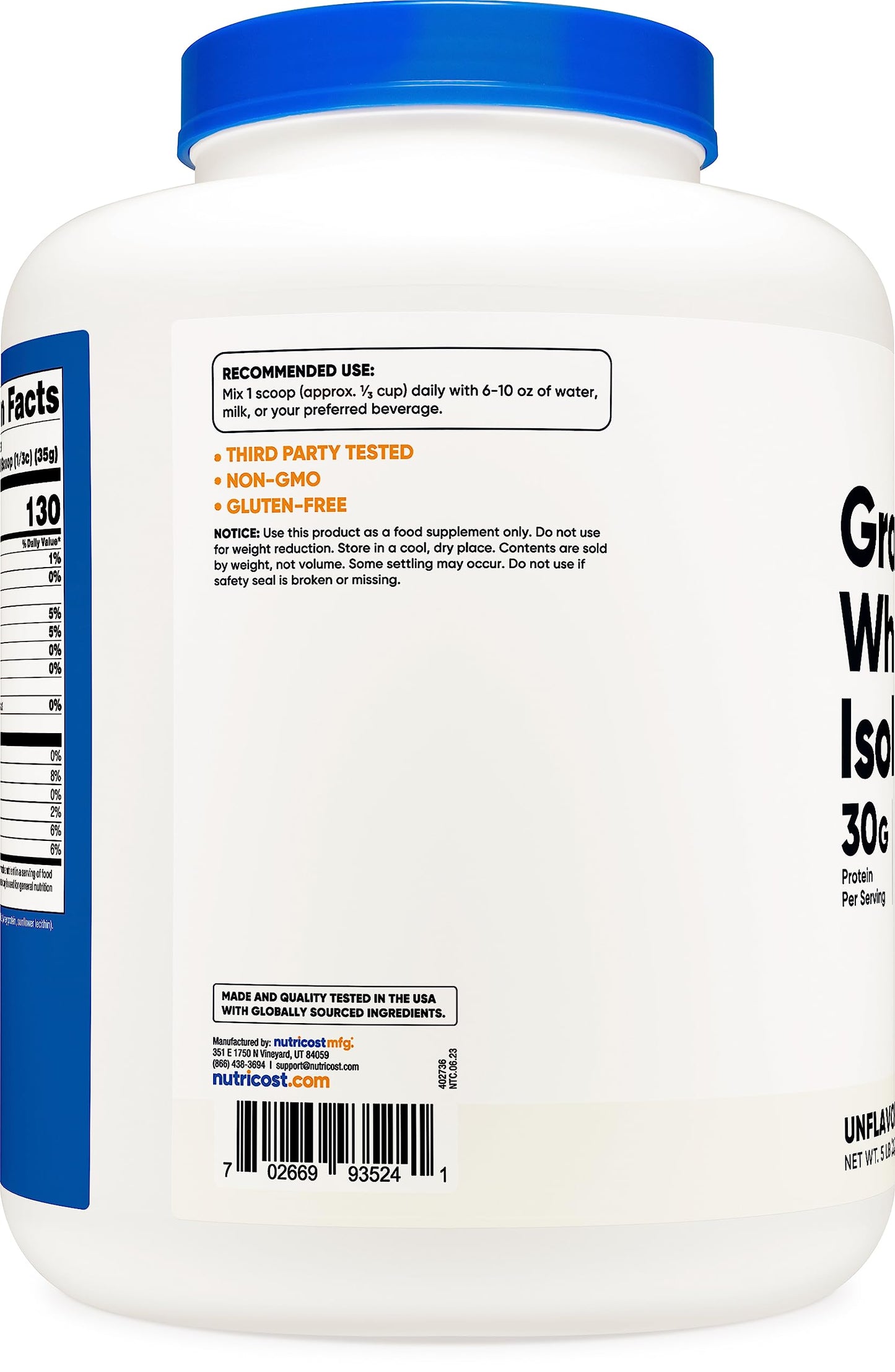 Pre-Order | Arrives in 5–10 Days – Nutricost Grass-Fed Whey Protein Isolate (Unflavored) 5LBS - rBGH Free, Non-GMO & Gluten Free