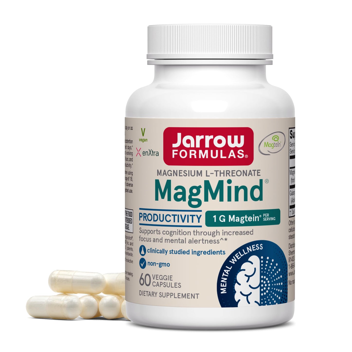 Pre-Order | Arrives in 5–10 Days – Jarrow Formulas Magnesium L-Threonate, MagMind Productivity, High Absorption Magnesium, Brain Supplements for Memory and Focus, 60 Veggie Capsules, Up to a 30 Day Supply