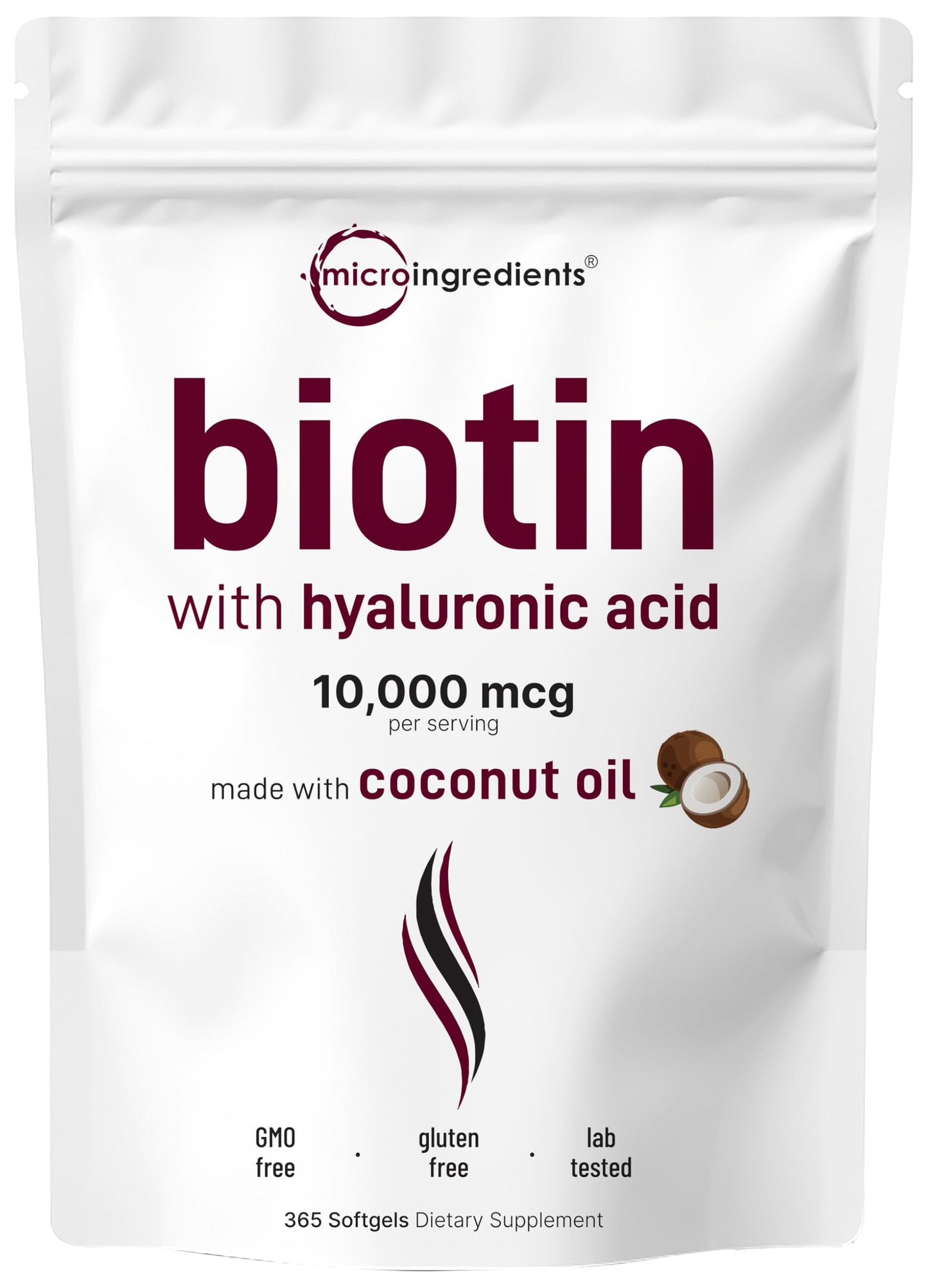 Pre-Order | Arrives in 5–10 Days – Micro Ingredients Biotin 10,000mcg w/Hyaluronic Acid 25mg | 365 Virgin Coconut Oil Softgels, Fast Release, One Year Supply, Supports Healthy Hair, Skin & Nails, Non-GMO & No Gluten