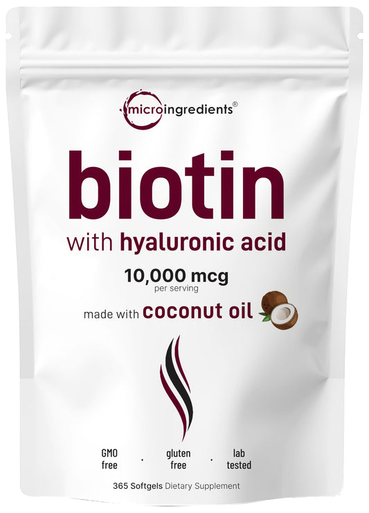 Pre-Order | Arrives in 5–10 Days – Micro Ingredients Biotin 10,000mcg w/Hyaluronic Acid 25mg | 365 Virgin Coconut Oil Softgels, Fast Release, One Year Supply, Supports Healthy Hair, Skin & Nails, Non-GMO & No Gluten
