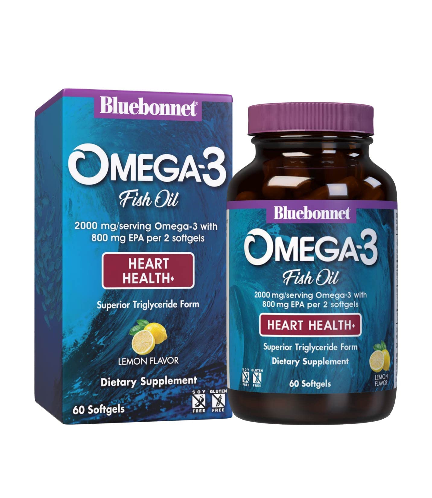 Pre-Order | Arrives in 5–10 Days – Bluebonnet Nutrition Omega-3 Heart Formula Natural Wild Caught Triglyceride Form DHA 600 mg EPA 800 mg - Highly Concentrated Heart Health Support Supplement - Gluten-Free - 60 Softgel
