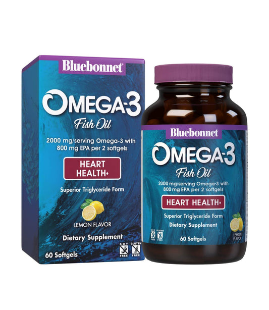 Pre-Order | Arrives in 5–10 Days – Bluebonnet Nutrition Omega-3 Heart Formula Natural Wild Caught Triglyceride Form DHA 600 mg EPA 800 mg - Highly Concentrated Heart Health Support Supplement - Gluten-Free - 60 Softgel