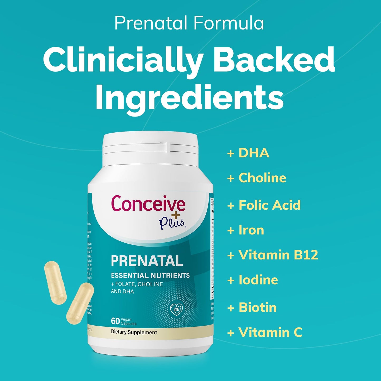 Pre-Order | Arrives in 5–10 Days – Conceive Plus Prenatal Vitamins for Women Supplement - Multivitamin With Folic Acid for Pregnancy Vegan, Choline, Iron - Pre Natal Vitamins DHA, Non GMO - Maternity Vitamin for Brain & Eye 60 Capsules
