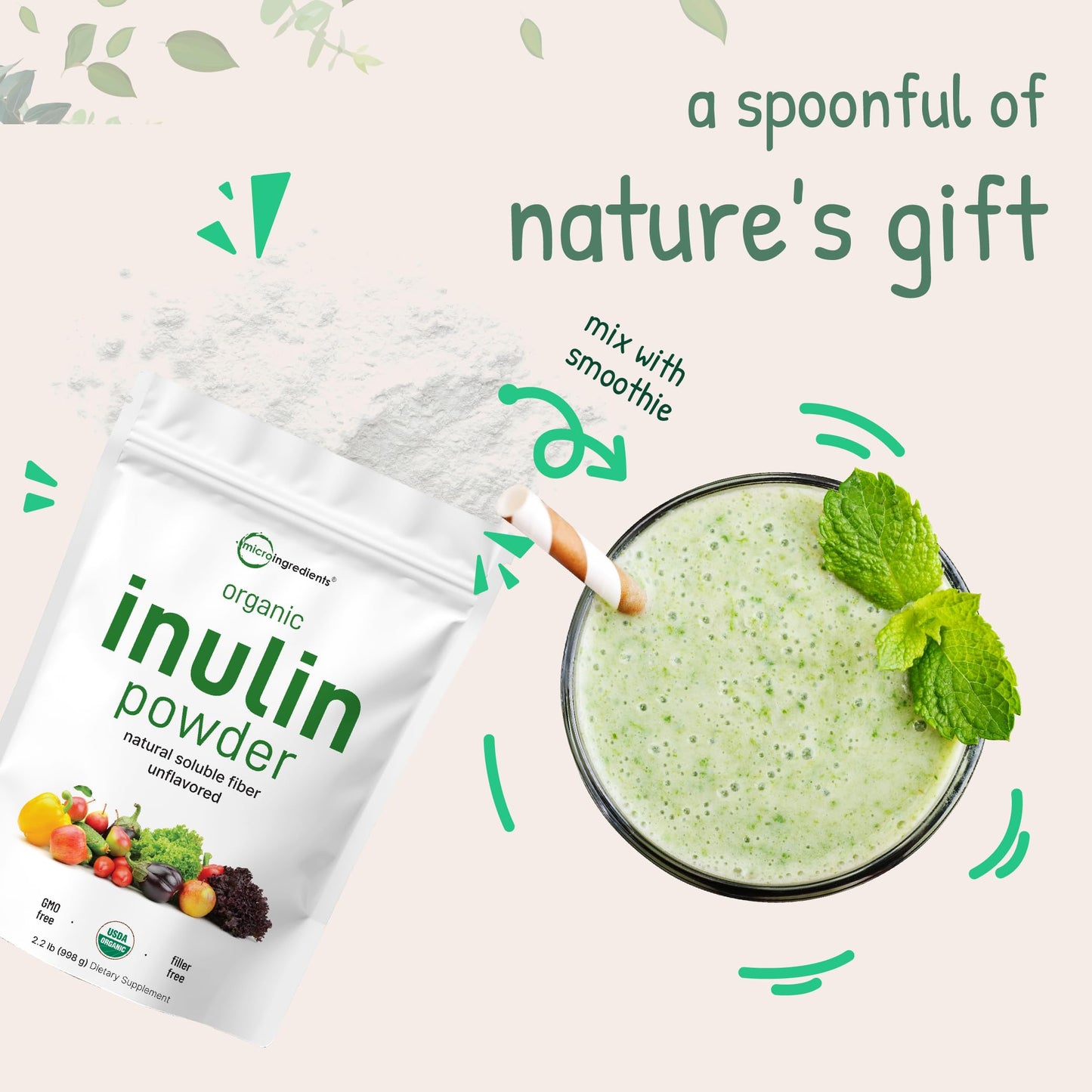 Pre-Order | Arrives in 5–10 Days – Organic Inulin FOS Powder (Jerusalem Artichoke), 2.2 Pounds (35 Ounce), Quick Water Soluble, Prebiotic Intestinal Support for Colon and Gut Health, Natural Fibers for Smoothie & Drinks, Vegan Friendly