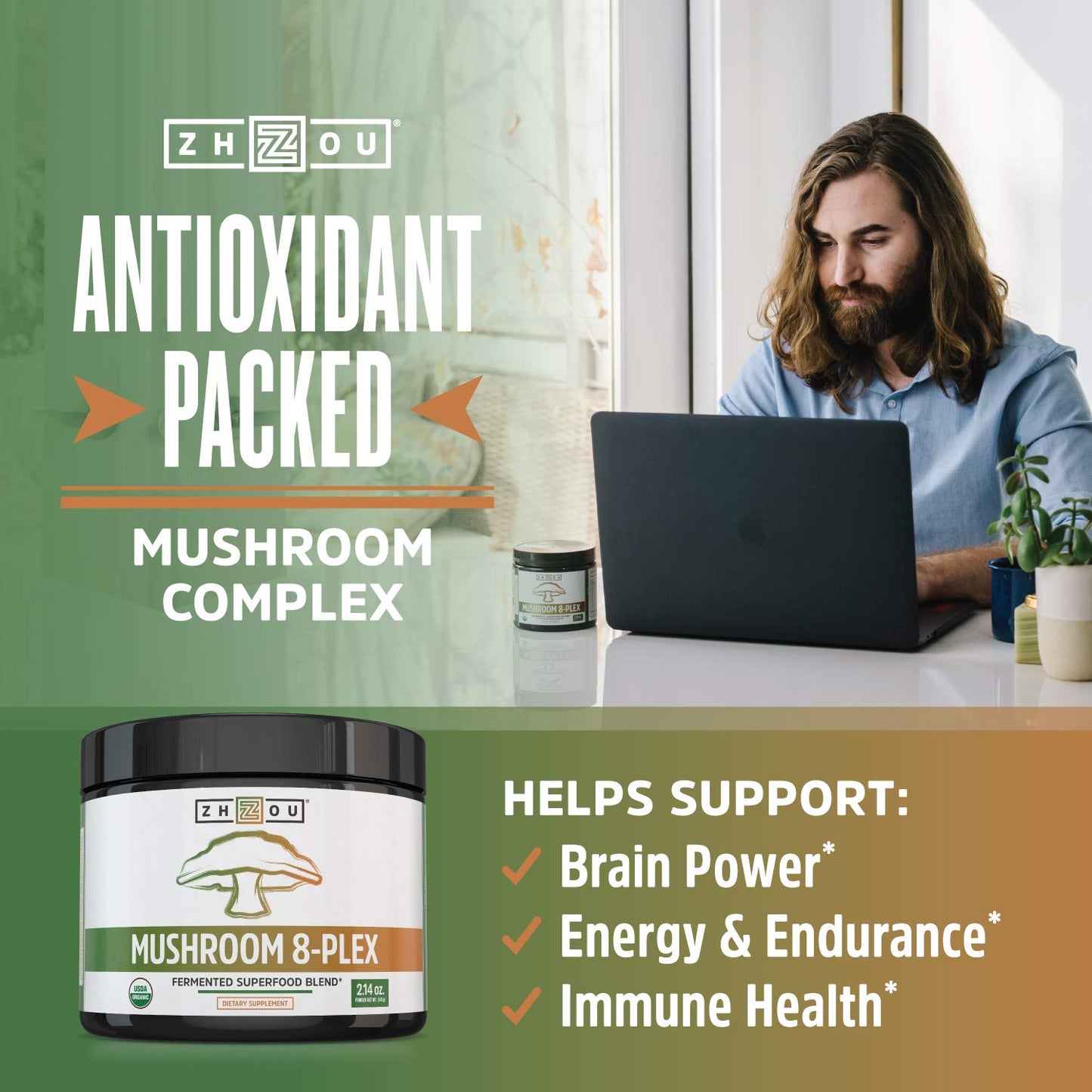 Pre-Order | Arrives in 5–10 Days – Zhou Nutrition 8-Plex Organic Mushroom Powder, Support Cognitive and Immune Health, Increase Energy, Endurance & Overall Wellness, Lions Mane, Reishi & Turkey Tail, 30 Servings - 2.14 Oz