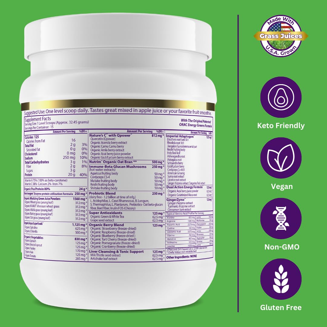 Pre-Order | Arrives in 5–10 Days – Paradise Herbs ORAC Energy Protein & Greens Powder, Antioxidant Power of 24 Servings of Fruits & Vegetables in 1 Scoop + 20g Protein, Unflavored, 15 Servings