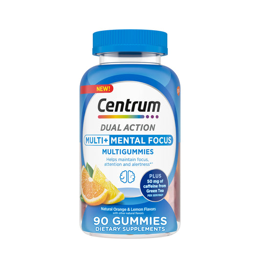 Pre-Order | Arrives in 5–10 Days – Centrum MultiGummies Multi+ Dual Action Mental Focus Adult Multivitamin with Caffeine from Green Tea, Supports Mental Focus, Attention and Alertness, Lemon/Orange Flavors - 90 Count