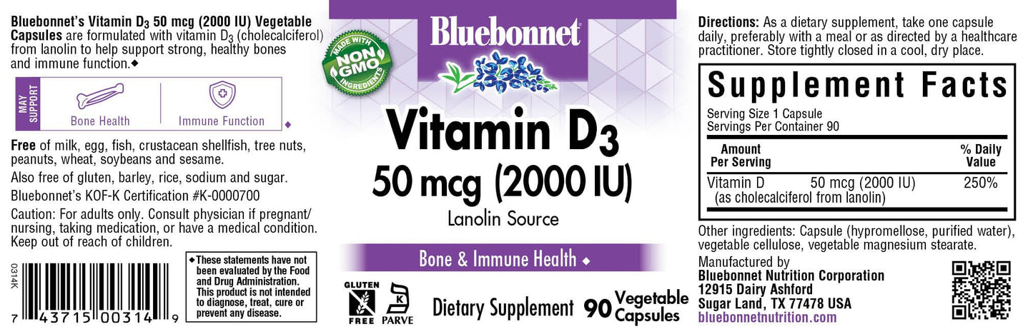 Pre-Order | Arrives in 5–10 Days – BlueBonnet Vitamin D3 2000 IU Vegetable Capsules, 90 Count