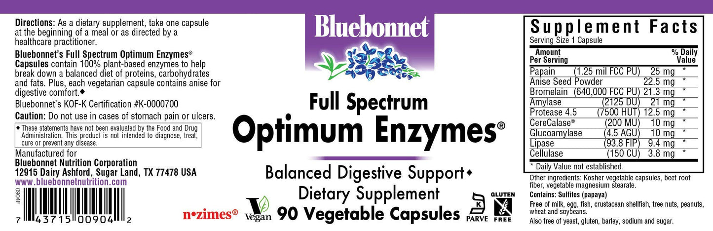 Pre-Order | Arrives in 5–10 Days – BlueBonnet Full Spectrum Optimum Enzymes Vegetarian Capsules, 90 Count