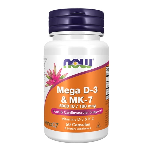 Pre-Order | Arrives in 5–10 Days – NOW Foods Supplements, Mega D-3 & MK-7 with Vitamins D-3 & K-2, 5,000 IU/180 mcg, Bone & Cardiovascular Support*, 60 Veg Capsules