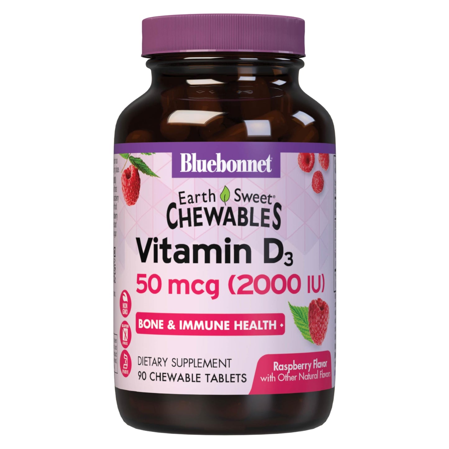 Pre-Order | Arrives in 5–10 Days – Bluebonnet Nutrition Earth Sweet Vitamin D3 2000 IU Chewable Tablets, Aids in Muscle and Skeletal Growth, D3, Non GMO, Gluten, Free, Soy Free, Milk Free, Kosher, 90 Chewable Tablets, Raspberry Flavor
