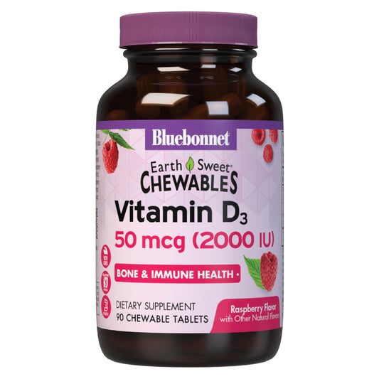 Pre-Order | Arrives in 5–10 Days – Bluebonnet Nutrition Earth Sweet Vitamin D3 2000 IU Chewable Tablets, Aids in Muscle and Skeletal Growth, D3, Non GMO, Gluten, Free, Soy Free, Milk Free, Kosher, 90 Chewable Tablets, Raspberry Flavor