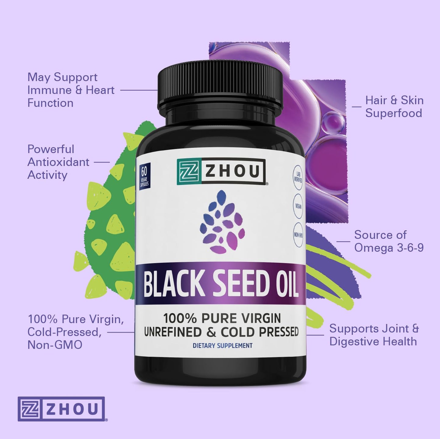 Pre-Order | Arrives in 5–10 Days – Zhou Black Seed Oil Capsules - Black Cumin Seed Oil Cold Pressed, Nigella Sativa, Pure Unrefined Blackseed, Premium Supplement for Health, Hair & Skin w/ Thymoquinone - 60 Capsules (Pack of 1)