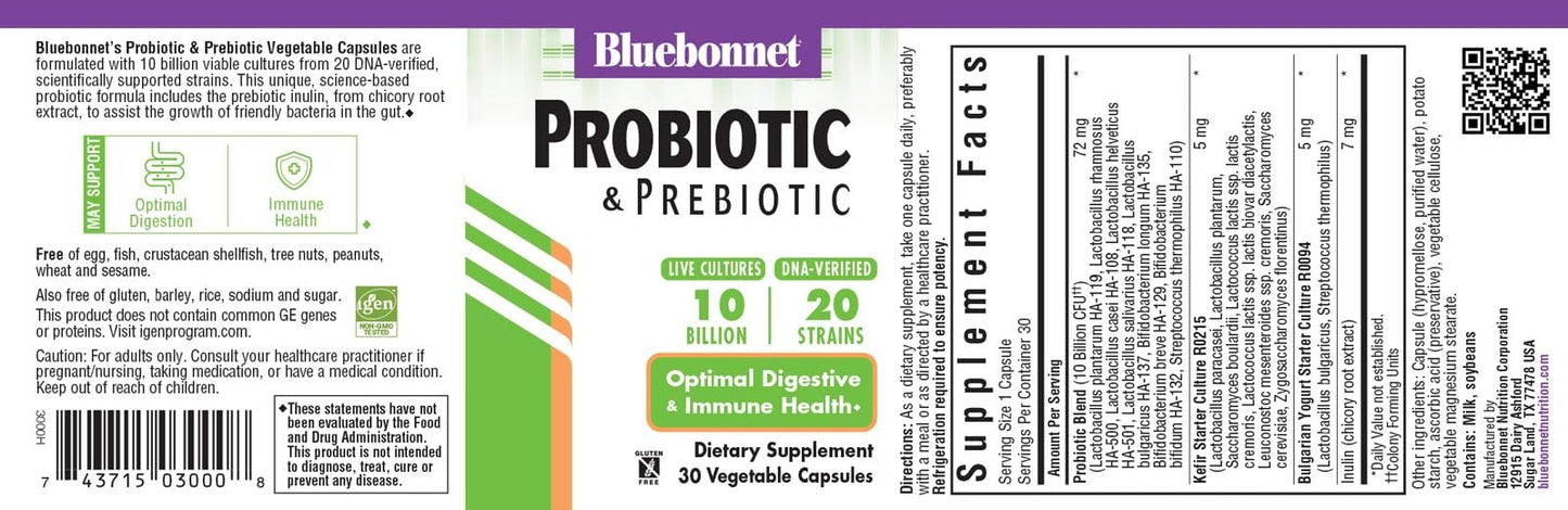 Pre-Order | Arrives in 5–10 Days – Bluebonnet Nutrition Probiotic & Prebiotic, 10 Billion CFU, Supports Immune Health*, Aids in Digestive Health*, Gluten-Free, Non-GMO, 30 Vegetable Capsules, 30 Servings
