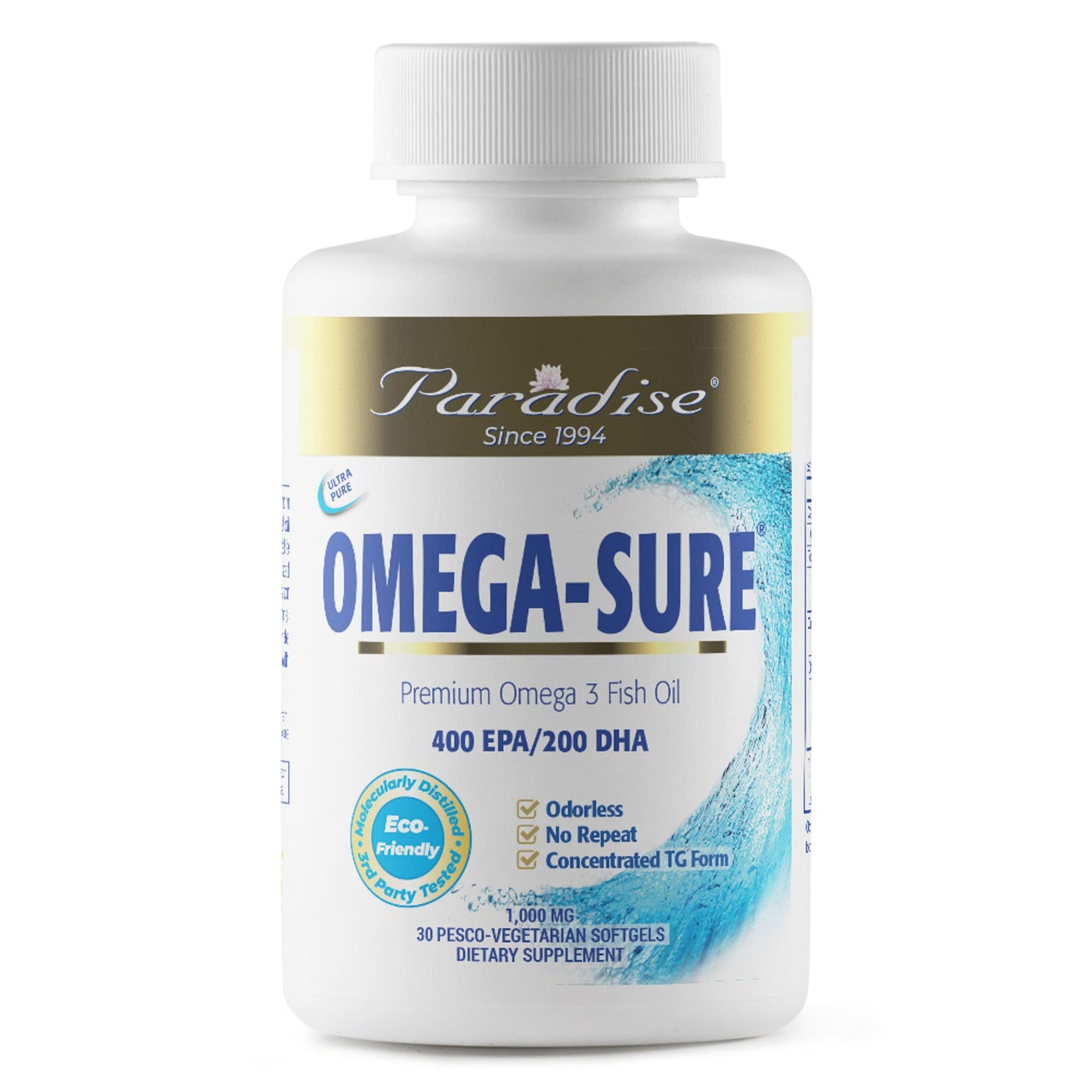 Pre-Order | Arrives in 5–10 Days – Paradise Herbs Omega-Sure, Omega-3 Concentrate, Premium Fish Oil, DHA, EPA, Vegan, Non GMO, Gluten Free, 30 Count Vegetarian Softgels