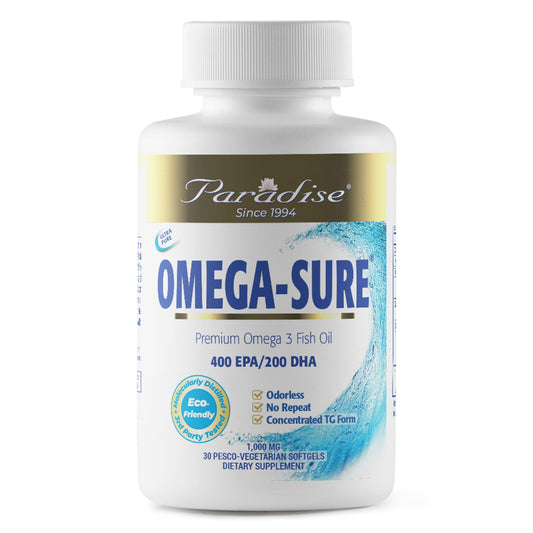 Pre-Order | Arrives in 5–10 Days – Paradise Herbs Omega-Sure, Omega-3 Concentrate, Premium Fish Oil, DHA, EPA, Vegan, Non GMO, Gluten Free, 30 Count Vegetarian Softgels