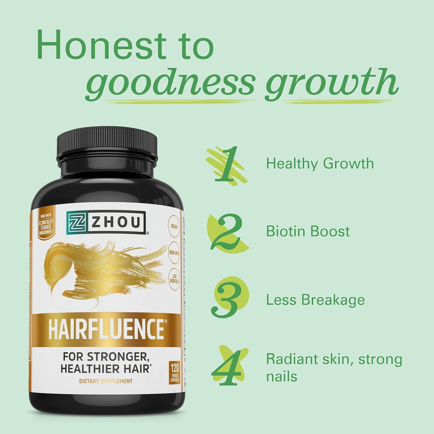 Pre-Order | Arrives in 5–10 Days – Zhou Hairfluence - Vegan Biotin Supplement for Hair Growth for Men & Women, Lustriva Hair Growth Supplement for Nails & Glowing Skin with B Vitamin Complex & Keranat - 120 Capsules (Pack of 1)