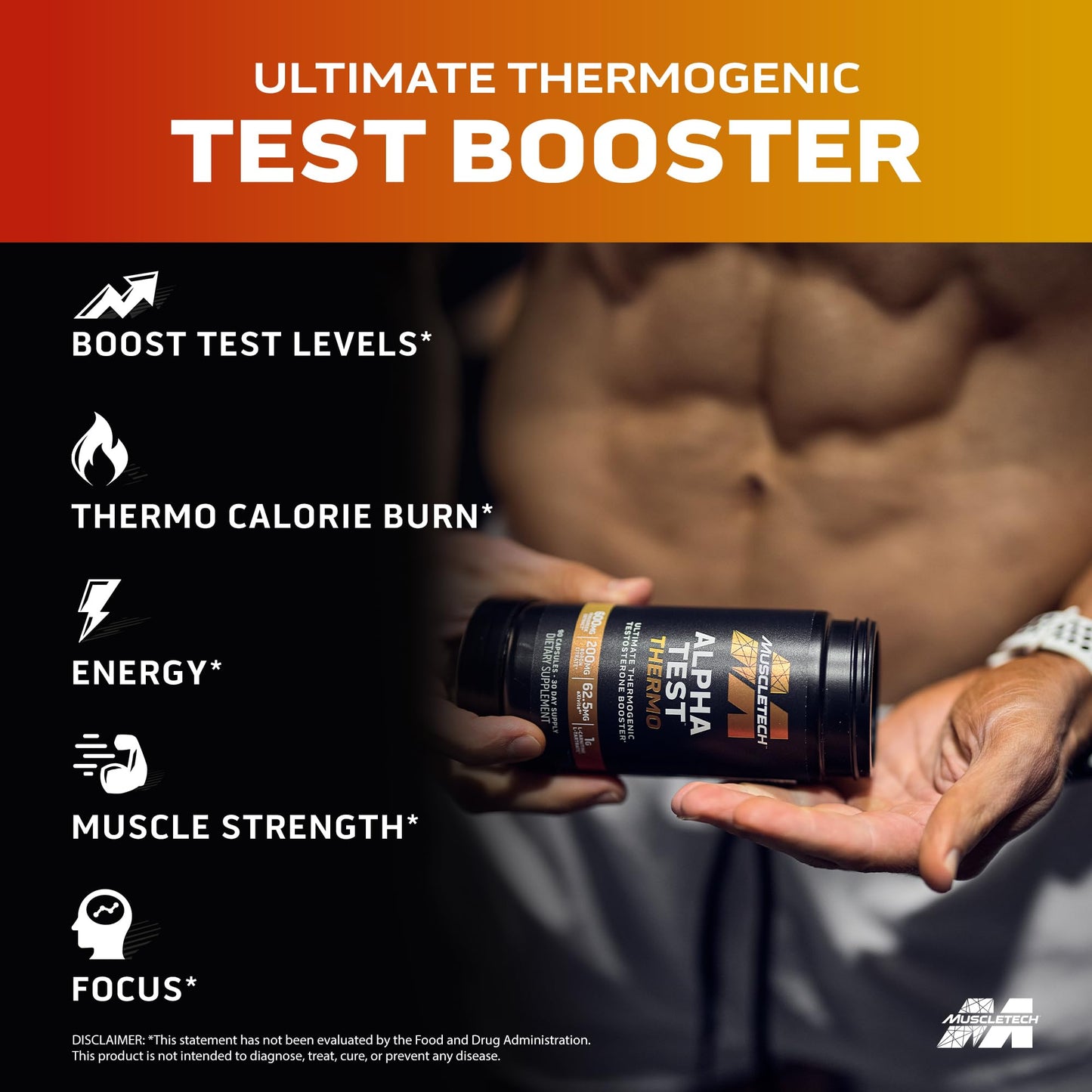 Pre-Order | Arrives in 5–10 Days – MuscleTech Thermogenic Testosterone Booster for Men, AlphaTest Thermo - T-Boost Mens Supplement with Tribulus Terrestris - Male Gym Workout Supplements for Muscle Growth, Stamina & Energy - 90 Pills