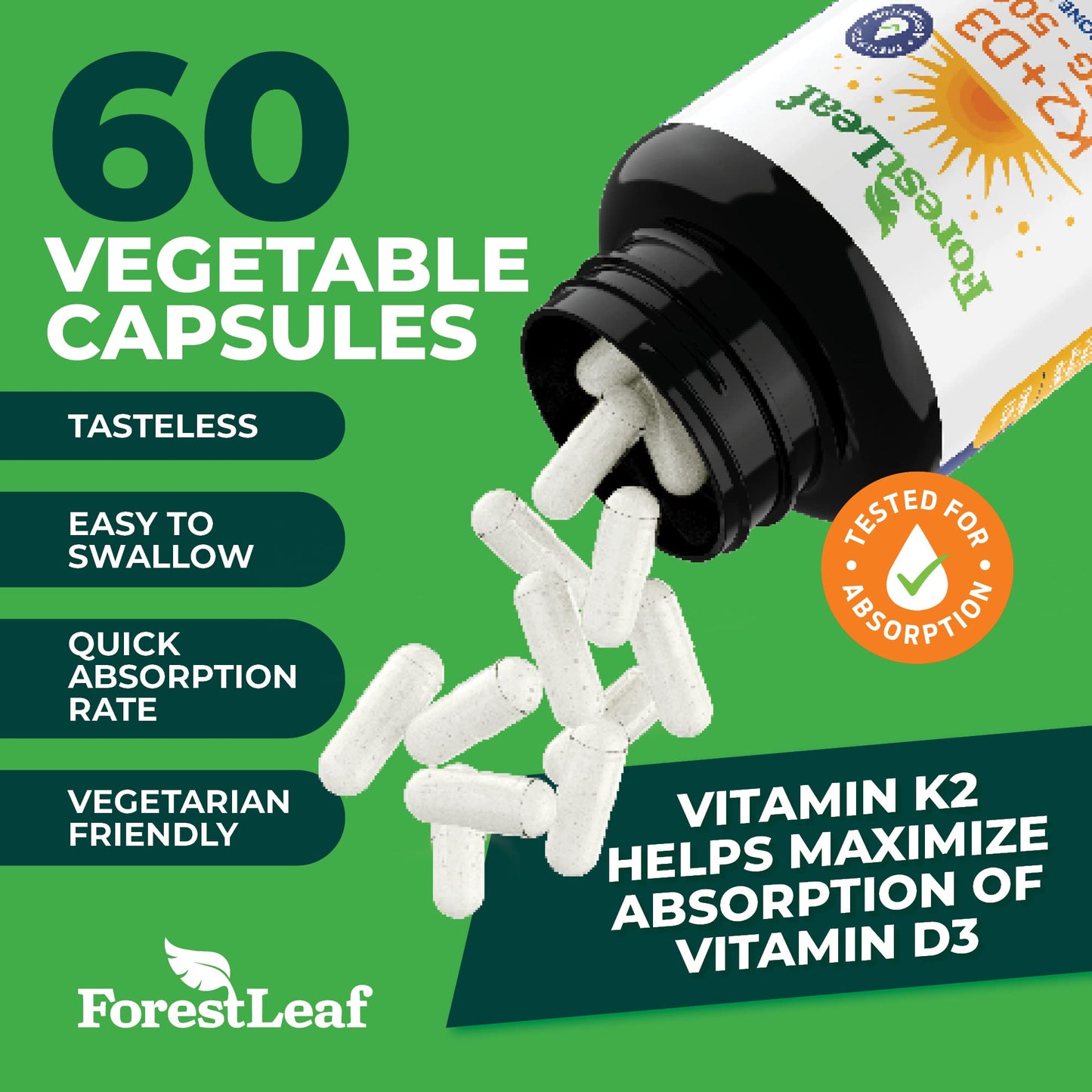 Pre-Order | Arrives in 5–10 Days – ForestLeaf Vitamin D3 + K2 (MK7) Supplement - MenaQ7 - Calcium and Vitamin D3 5000 IU Max Absorption - Teeth and Bone Strength, Heart Health, Immune System Support - 60 Veggie Capsules
