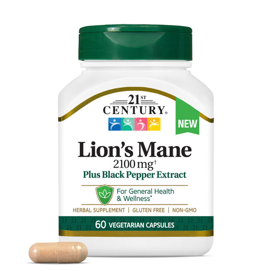 Pre-Order | Arrives in 5–10 Days – 21st Century Lion's Mane 2,100 mg, Plus Black Pepper Extract, Vegetarian Capsules, 60 Count