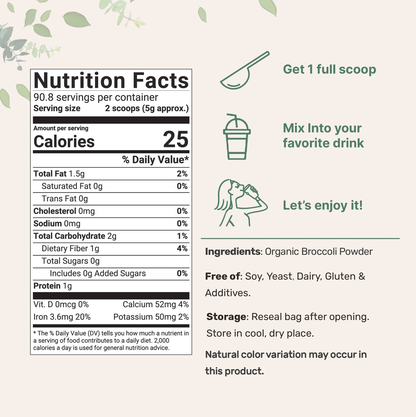 Pre-Order | Arrives in 5–10 Days – Organic Broccoli Powder, 1 Pound, Freeze Dried, Contains Natural DIM (Diindolylmethane), and Rich in Fiber and Immune Vitamin C, Green Superfood for Smoothie & Drinks, Vegan Friendly