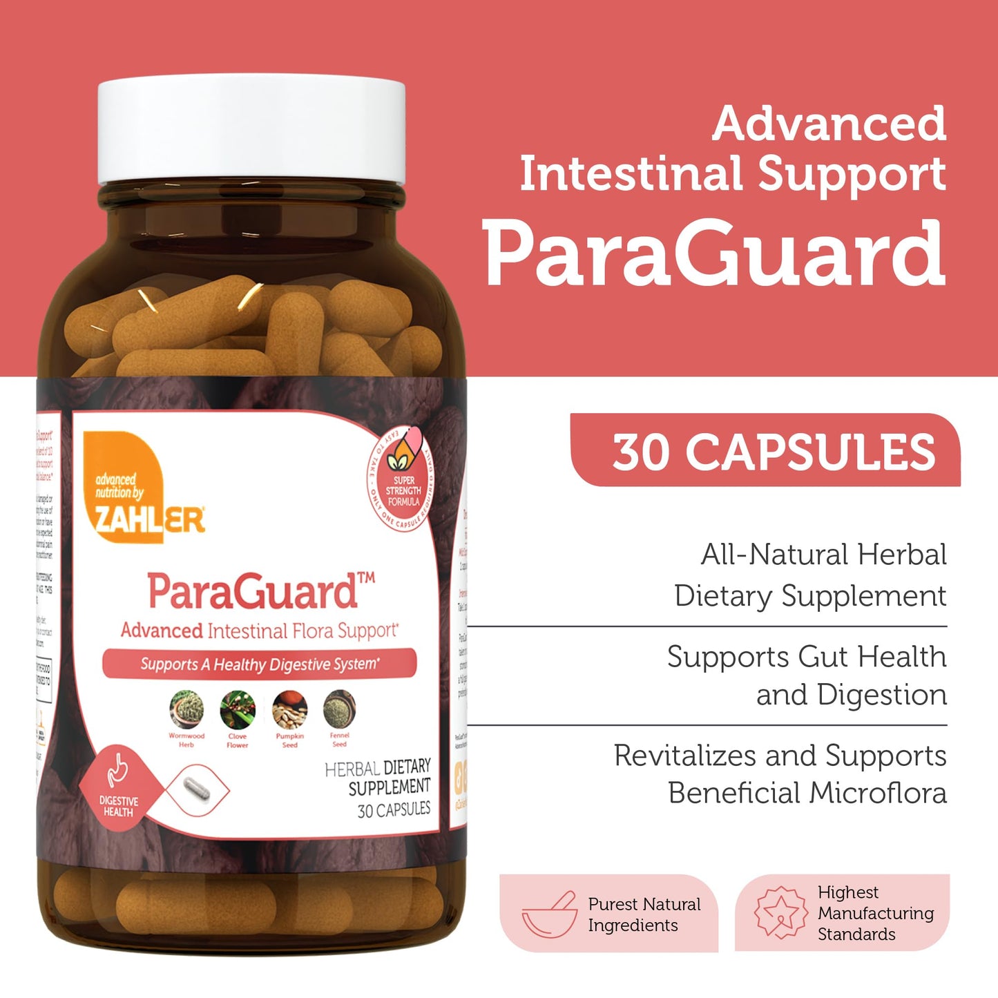 Pre-Order | Arrives in 5–10 Days – Zahler - ParaGuard Capsules - Gut Health Supplement - Formula has Wormwood, Garlic Bulb, Pumpkin Seed, Clove & More - Natural Support for Humans - Certified Kosher 30 Count