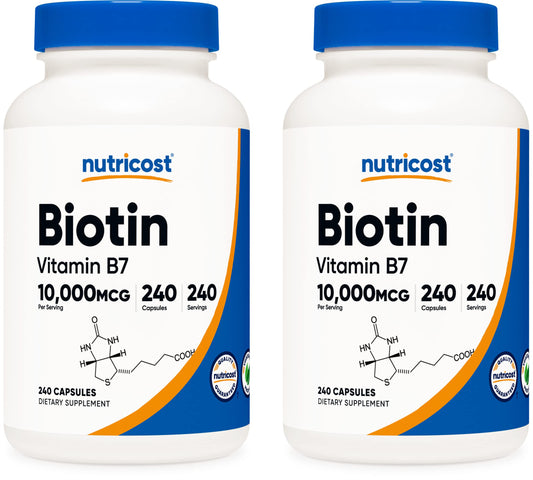 Pre-Order | Arrives in 5–10 Days – Nutricost Biotin (Vitamin B7) 10,000mcg (10mg), 240 Caps (2 Bottles) - Non-GMO, Gluten Free