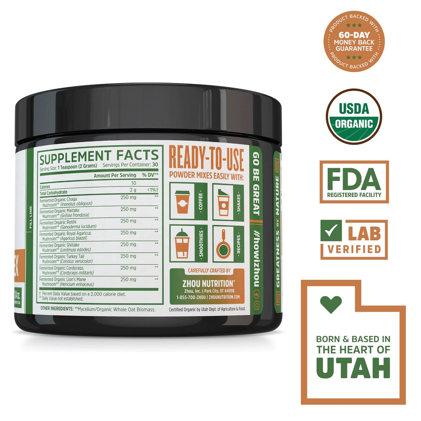 Pre-Order | Arrives in 5–10 Days – Zhou Nutrition 8-Plex Organic Mushroom Powder, Support Cognitive and Immune Health, Increase Energy, Endurance & Overall Wellness, Lions Mane, Reishi & Turkey Tail, 30 Servings - 2.14 Oz