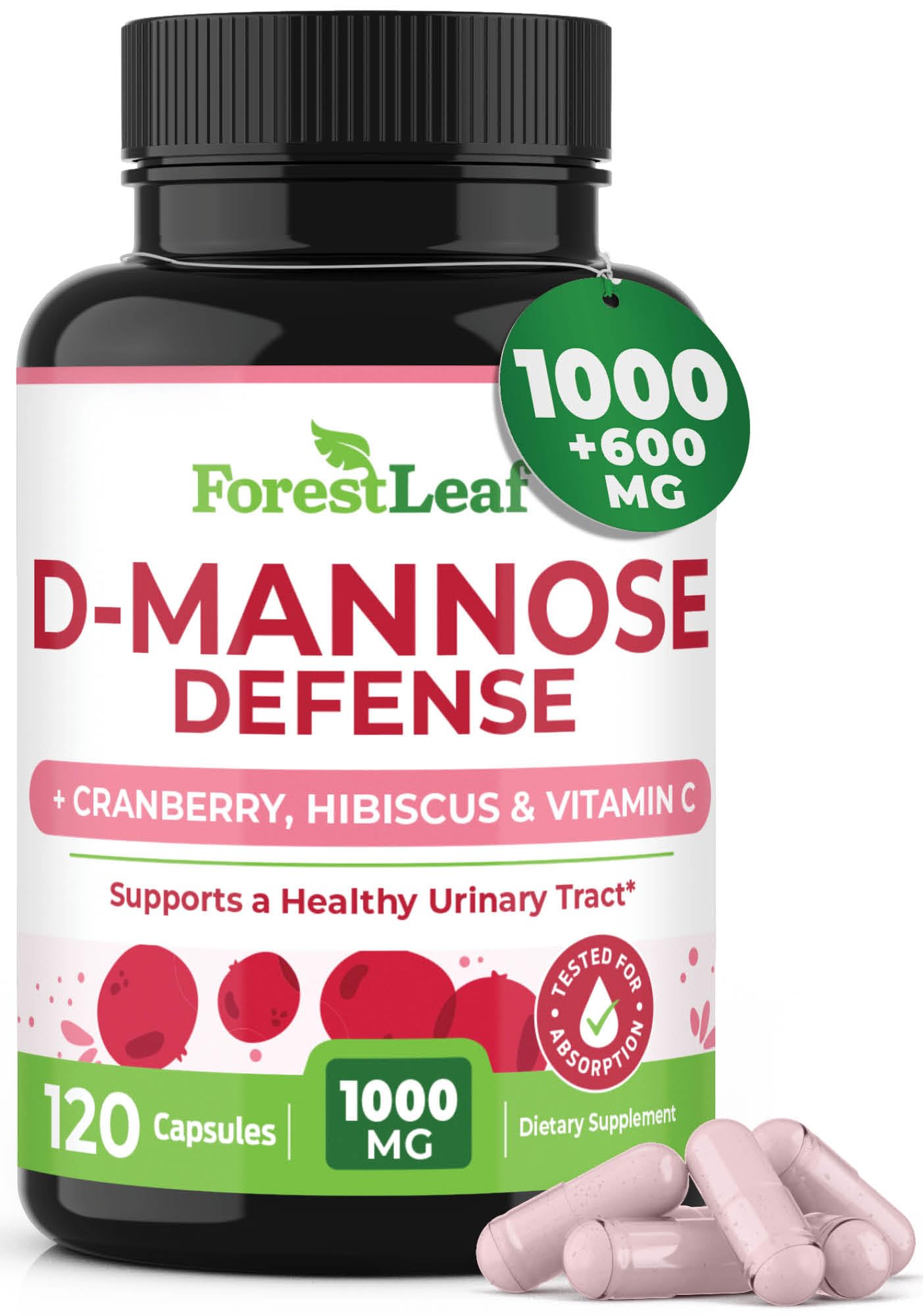 Pre-Order | Arrives in 5–10 Days – ForestLeaf D Mannose 1000mg Capsules - D-Mannose with Cranberry, Hibiscus & VIT C, Urinary Tract Health for Women and Men, DMannose Pills for UTI, Urinary Health & Bladder Support 120 Capsules