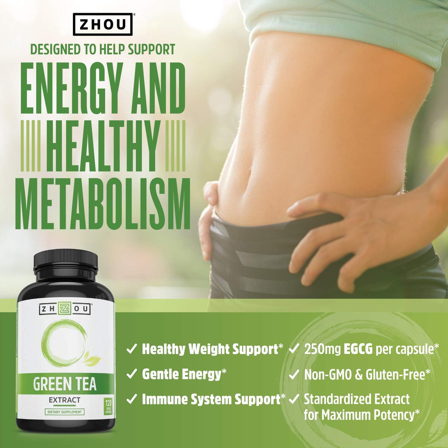Pre-Order | Arrives in 5–10 Days – Zhou Nutrition Green Tea Extract Supplement - Green Tea & ECGC for Women & Men, Clean Caffeine Energy, Antioxidant Support, 500mg Per Serving - 120 Vegan Friendly Capsules