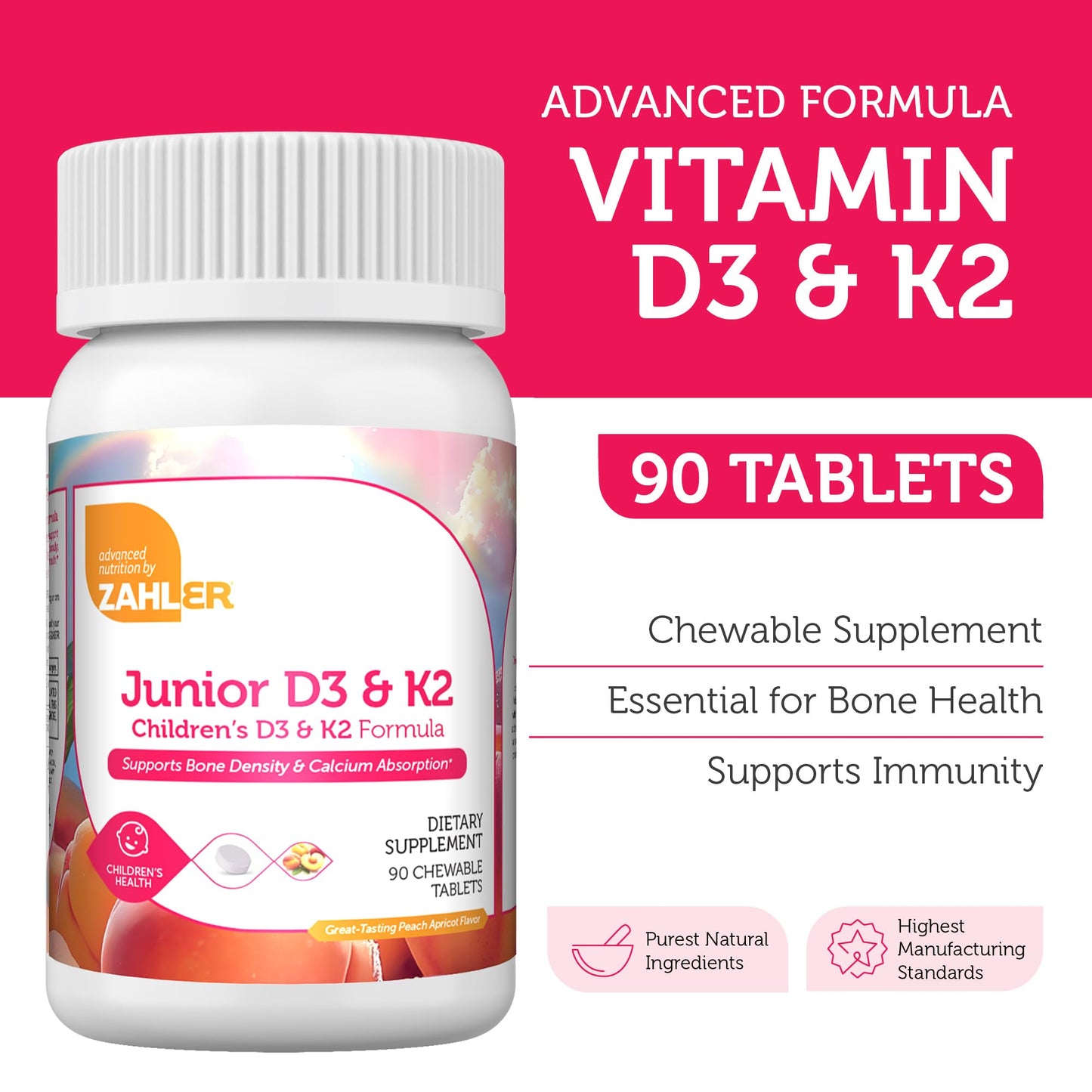 Pre-Order | Arrives in 5–10 Days – Zahler - Junior Vitamin D3 + K2 Chewable Tablets for Kids| Vitamin D for Kids 2000 IU | Delicious Vitamin D K2 Chews to Support Healthy Bones & Teeth - Kosher, Less Sugar Than Gummies (90 Count)