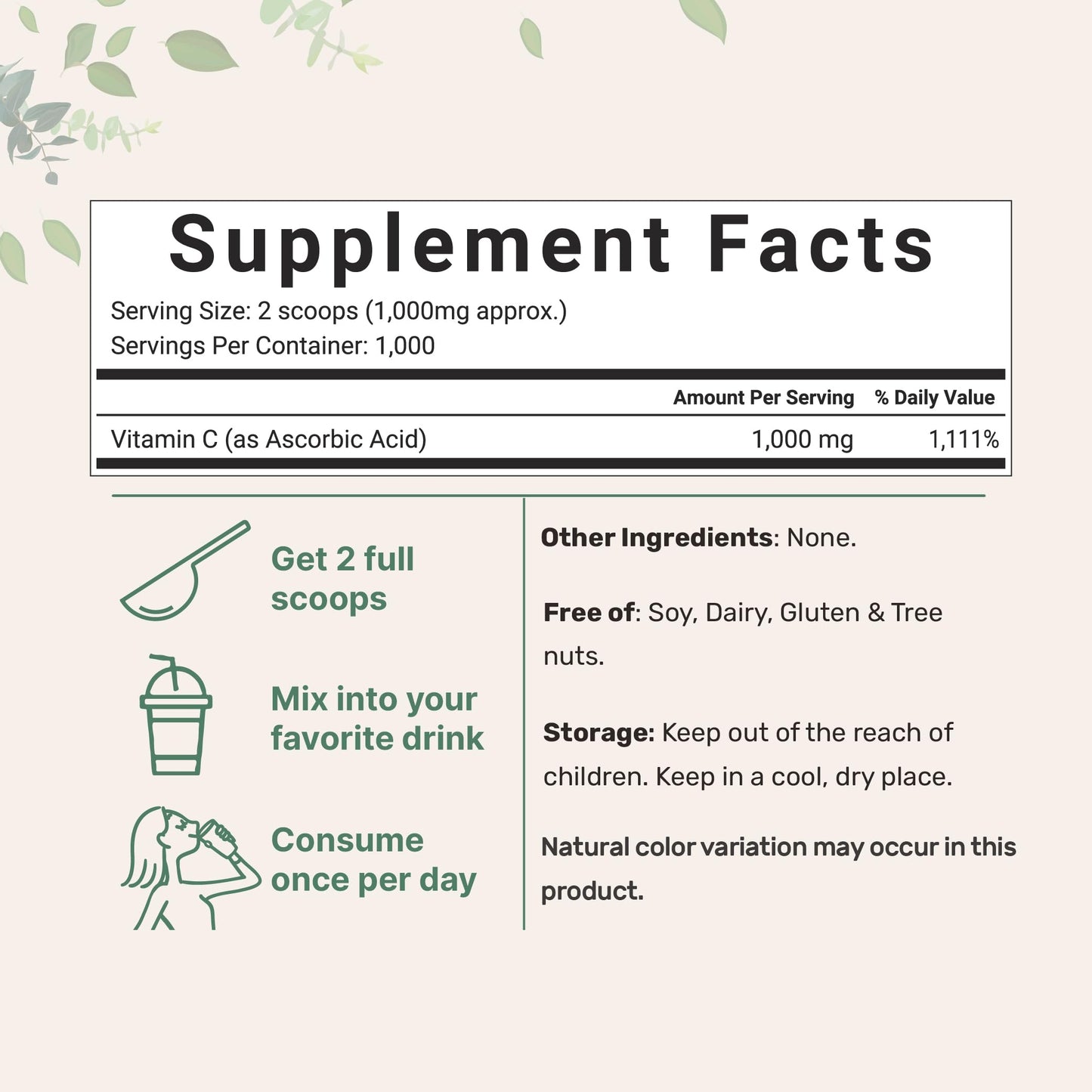 Pre-Order | Arrives in 5–10 Days – Pure Vitamin C Crystal Powder (Water Soluble Vitamin C 1000mg Per Serving), 1 KG (2.2 Pounds), Immune Vitamins and Strong Antioxidant, Pure Ascorbic Acid Powder Supplement