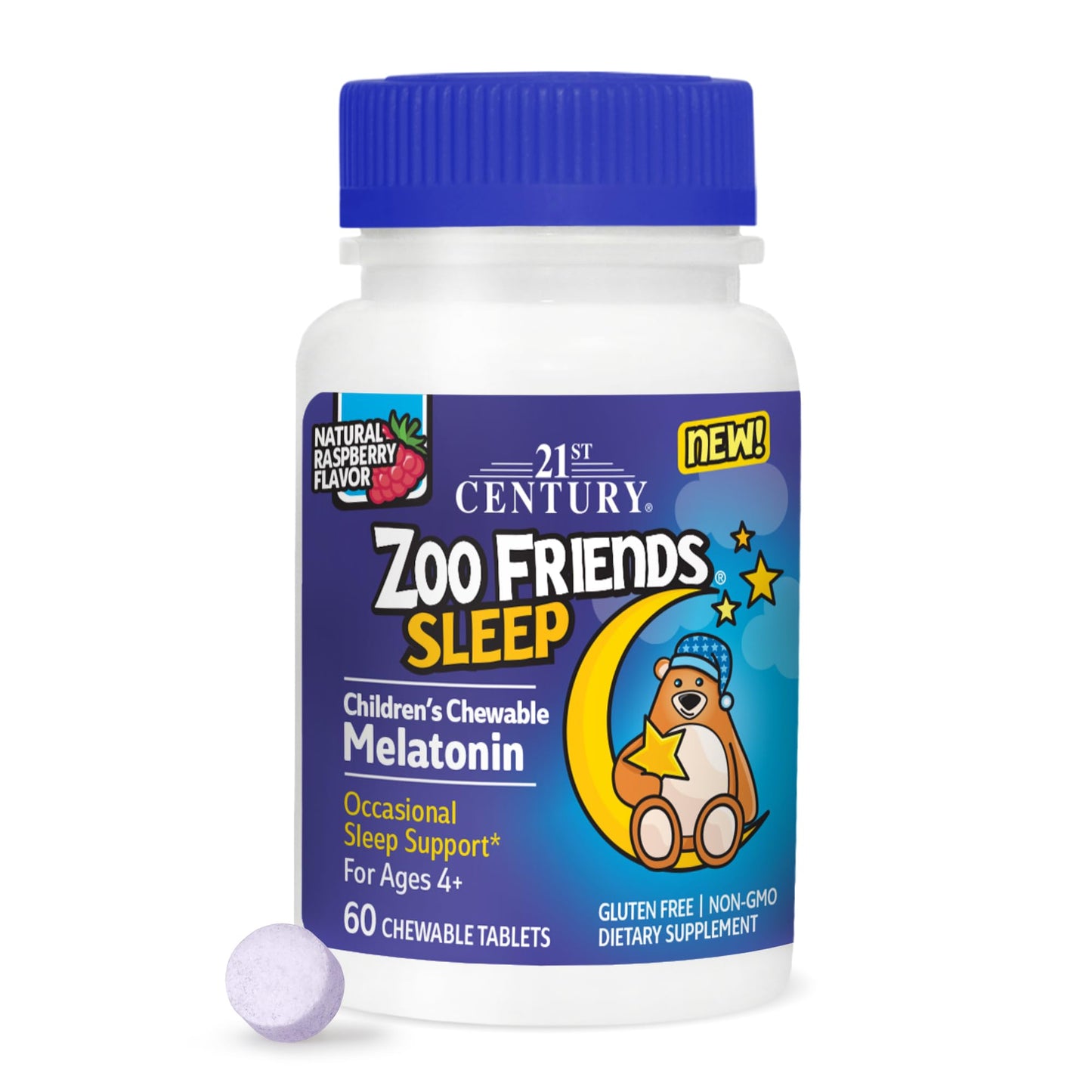Pre-Order | Arrives in 5–10 Days – 21st Century Zoo Friends Sleep Chewable Melatonin, Raspberry Flavor, 60 Count