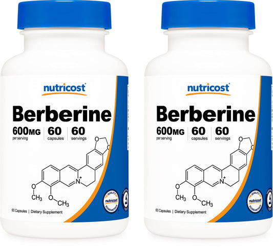 Pre-Order | Arrives in 5–10 Days – Nutricost Berberine HCl 600mg, 60 Capsules (2 Bottles) - Gluten Free, Veggie Caps, Non-GMO