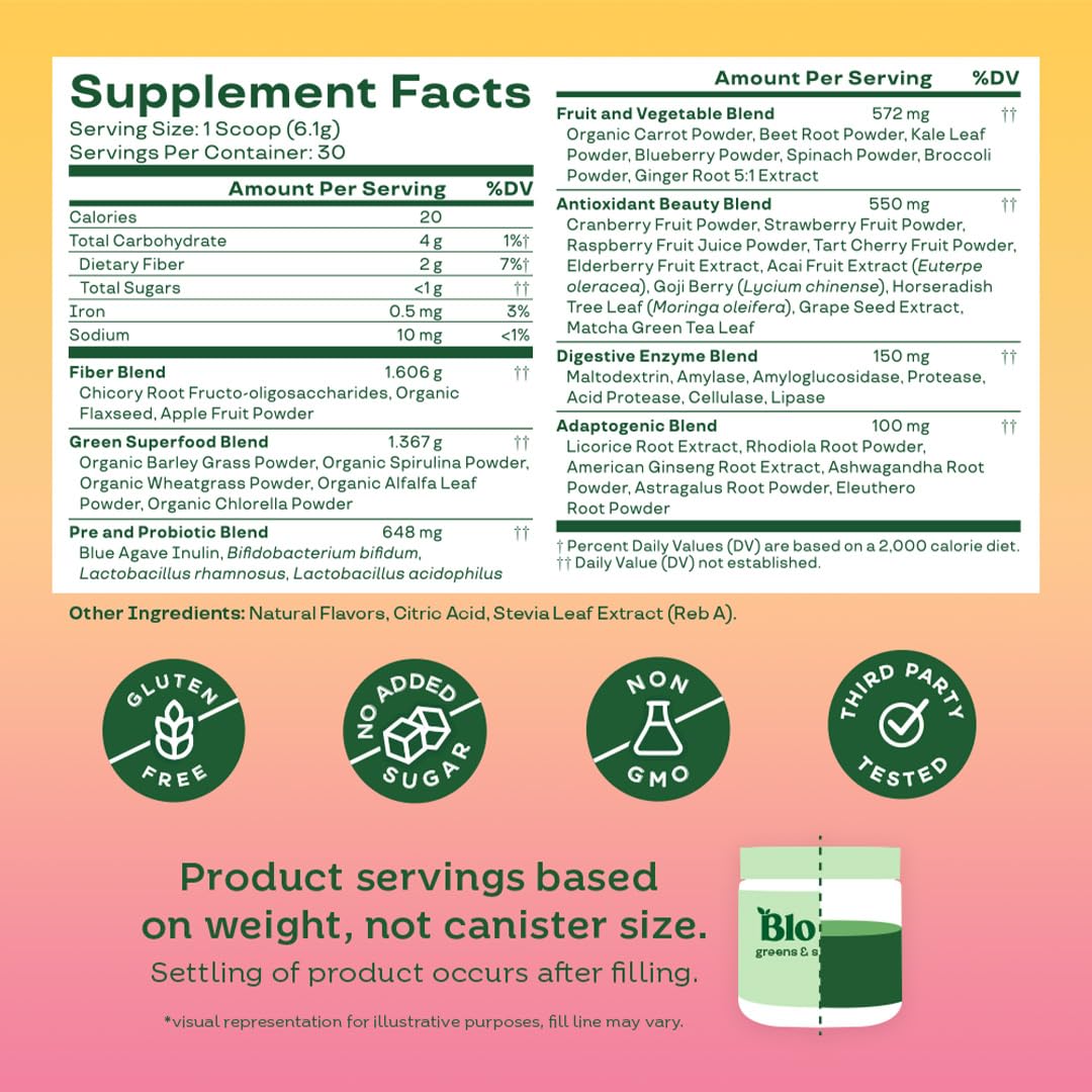 Pre-Order | Arrives in 5–10 Days –
Bloom Nutrition Superfood Greens Powder, Digestive Enzymes with Probiotics and Prebiotics, Gut Health, Bloating Relief for Women, Chlorella, Juice Mix w/Beet Root Powder, 30 SVG, Orange Passionfruit