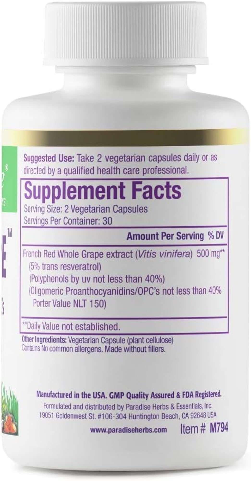 Pre-Order | Arrives in 5–10 Days – Paradise Herbs Resveragrape, Resveratrol + Polyphenols + Opc's, Super Potent, Ultra Pure, Non-GMO, Gluten Free, 60 Vegetarian Capsules