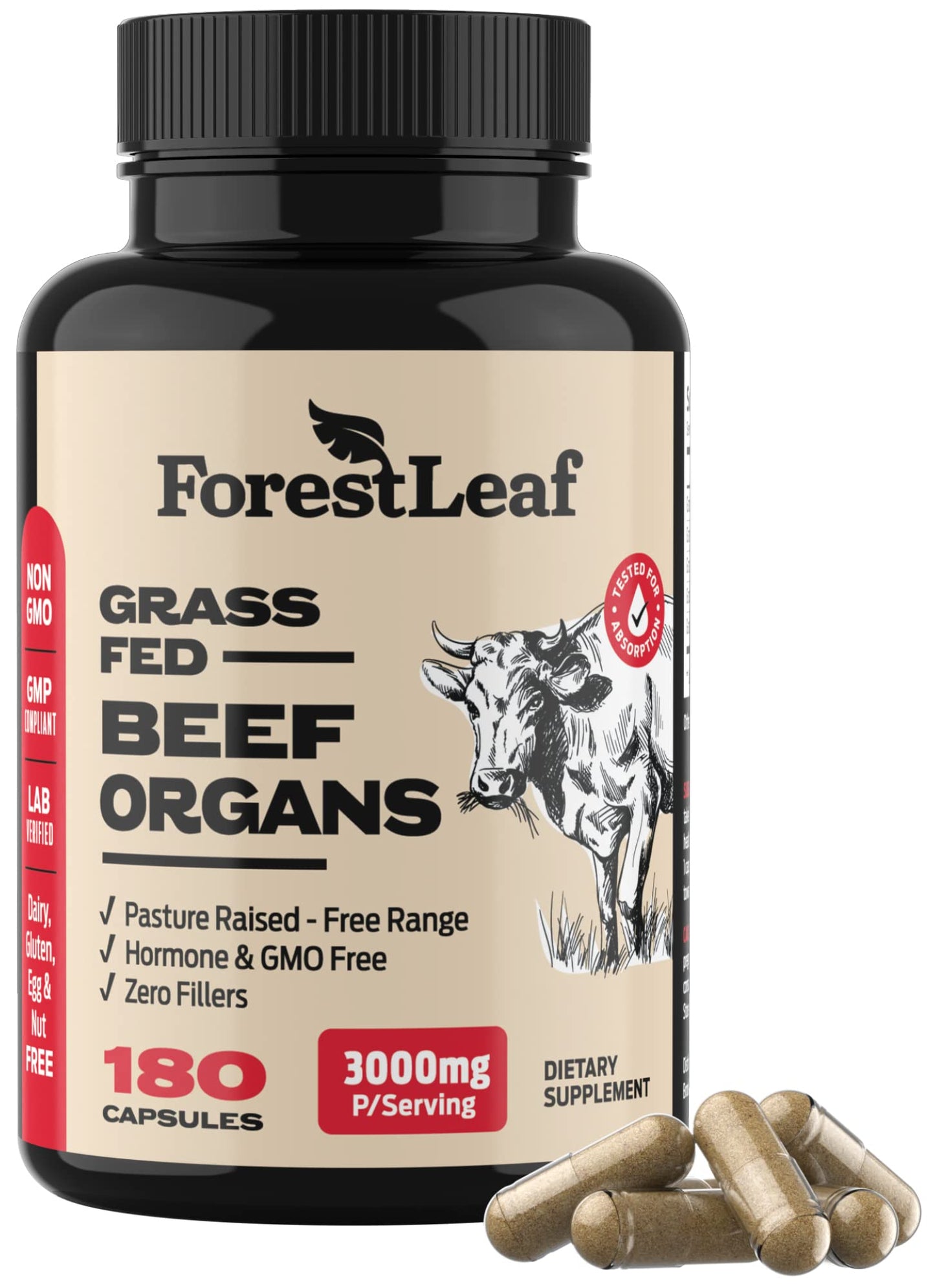 Pre-Order | Arrives in 5–10 Days – ForestLeaf Beef Organ Supplement - Grass Fed & Pasture Raised - Total Body Wellness & Performance, Organ Complex with 3000mg of Desiccated Beef Liver, Heart, Kidney, Pancreas, Spleen (180 Capsules)