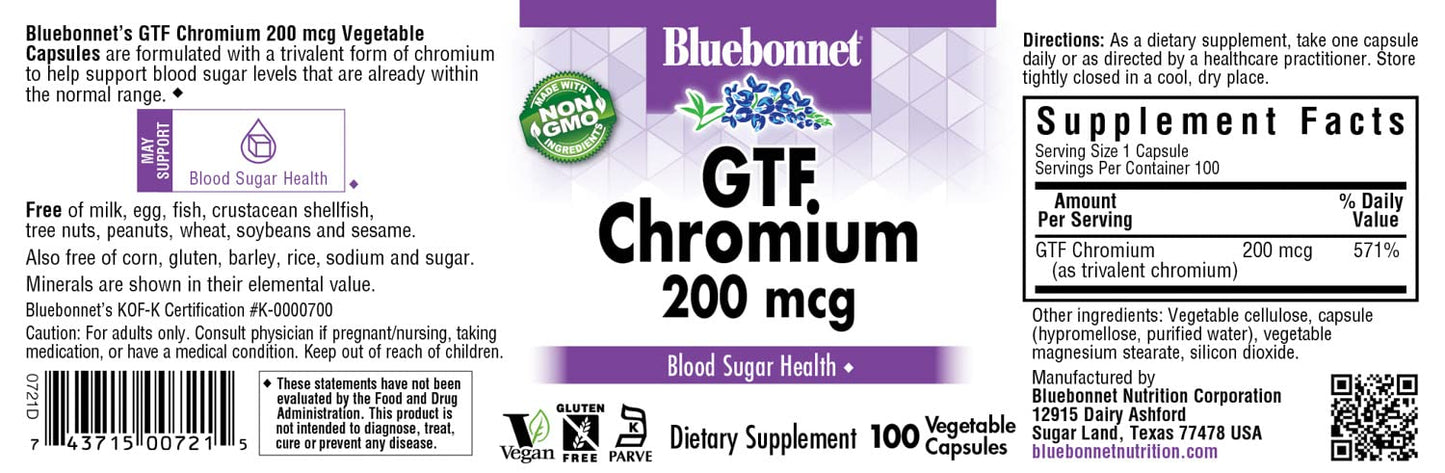 Pre-Order | Arrives in 5–10 Days – Bluebonnet Nutrition GTF Chromium 200 mcg, Soy-Free, Gluten-Free, Non-GMO, Kosher Certified, Dairy-Free, Vegan, 100 Vegetable Capsules