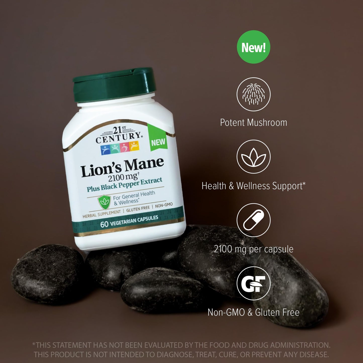 Pre-Order | Arrives in 5–10 Days – 21st Century Lion's Mane 2,100 mg, Plus Black Pepper Extract, Vegetarian Capsules, 60 Count