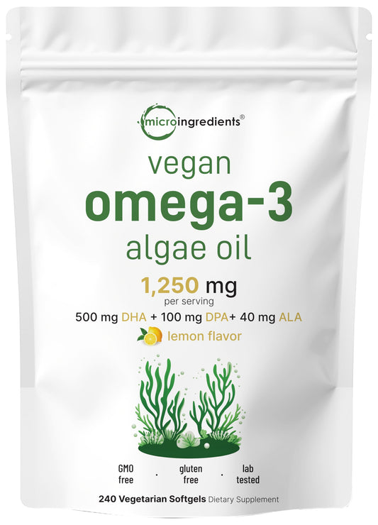 Pre-Order | Arrives in 5–10 Days – Micro Ingredients Vegan Omega 3 Algae Oil, 240 Veggie Softgels | Fish Oil Alternative | DHA 500mg & DPA 100mg | Carrageenan Free | Plant-Based Omega 3 with Flaxseed & ALA | Lemon Flavored