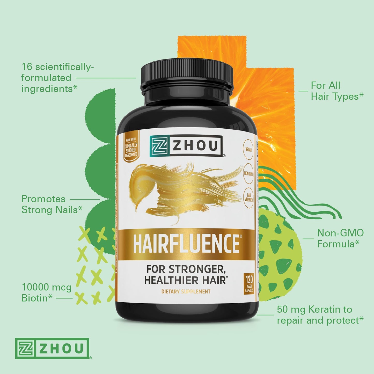 Pre-Order | Arrives in 5–10 Days – Zhou Hairfluence - Vegan Biotin Supplement for Hair Growth for Men & Women, Lustriva Hair Growth Supplement for Nails & Glowing Skin with B Vitamin Complex & Keranat - 120 Capsules (Pack of 1)