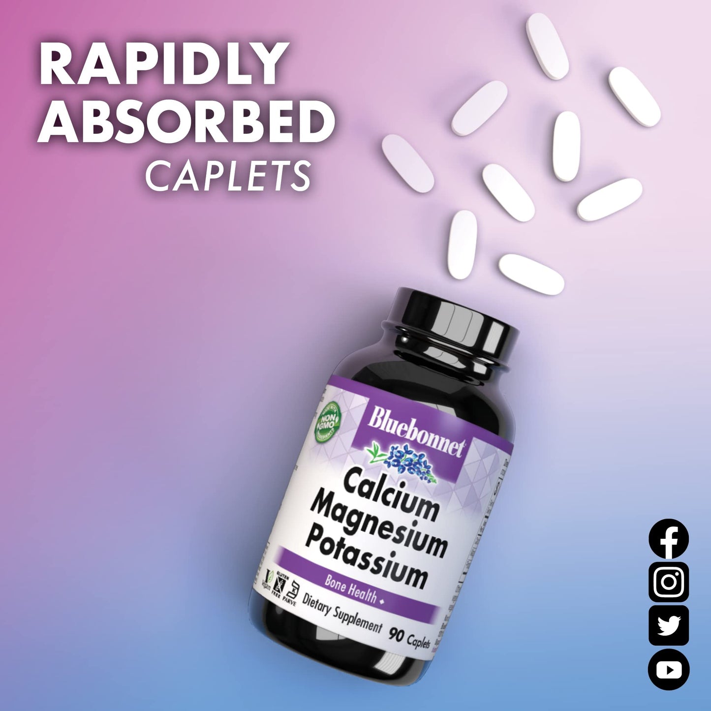 Pre-Order | Arrives in 5–10 Days – Bluebonnet Calcium Magnesium Potassium Supplement for Women & Men - Supports Healthy Bones - Calcium 1000mg Mineral Supplement Chelate Form - Non-GMO, Vegan, Gluten-Free – 90 Caplets