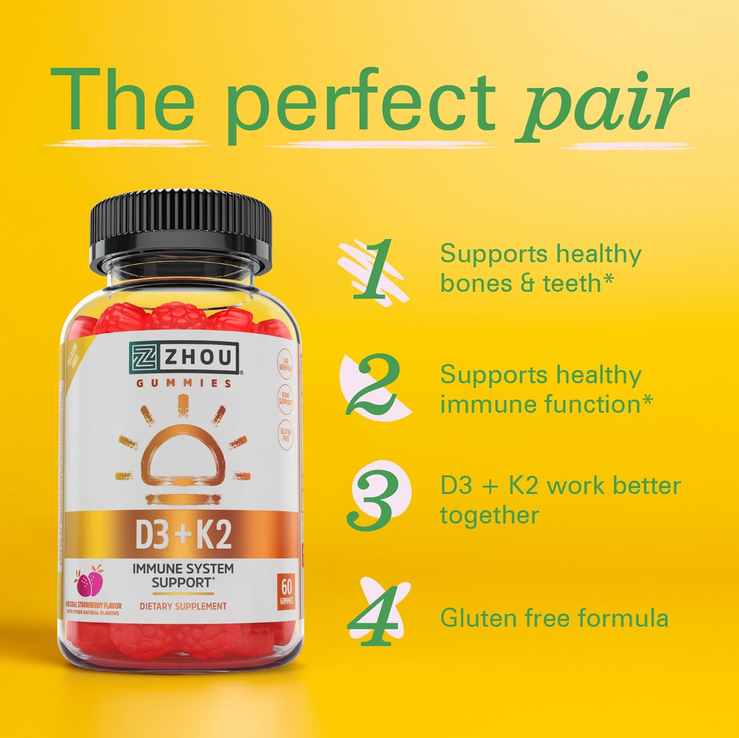 Pre-Order | Arrives in 5–10 Days – Zhou D3+K2 - Vitamin D3 K2 Supplement for Women & Men, Immune Support Vit D3 and K2 Gummy, Gelatin Free Formula with 5000 IU of D3 and MK-7 - 60 Veggie Gummies (Pack of 1)
