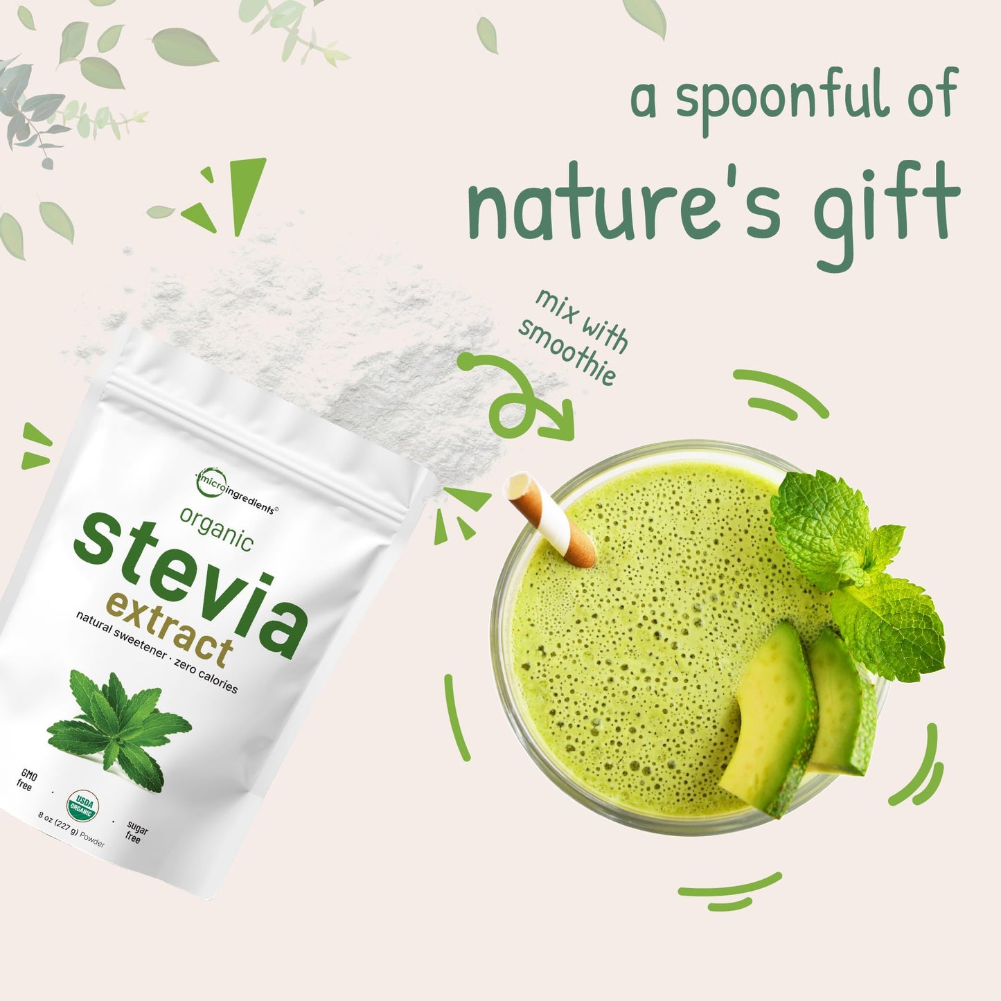 Pre-Order | Arrives in 5–10 Days – Pure Organic Stevia Powder, 8 Ounces, 1418 Serving, High Grade Stevia Green Leaf Extract Reb-A, Reduced Bitter Aftertaste, 0 Calorie, Natural Sweetener, Sugar Alternative, Keto Friendly