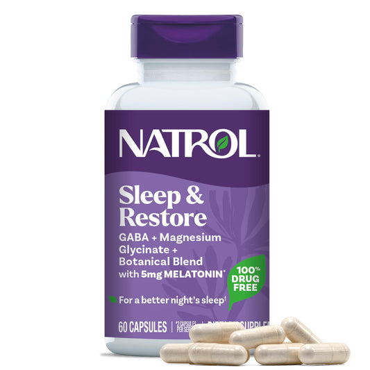 Pre-Order | Arrives in 5–10 Days – Natrol Sleep & Restore Capsules - Calm Magnesium Glycinate, Magnesium Sleep Aid with GABA, Melatonin 5mg, Botanical Blend, 30 Day Supply