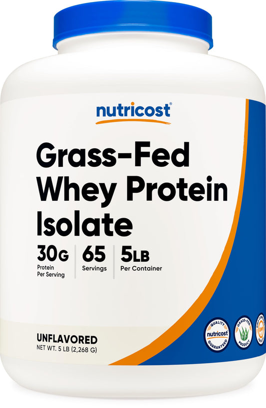 Pre-Order | Arrives in 5–10 Days – Nutricost Grass-Fed Whey Protein Isolate (Unflavored) 5LBS - rBGH Free, Non-GMO & Gluten Free