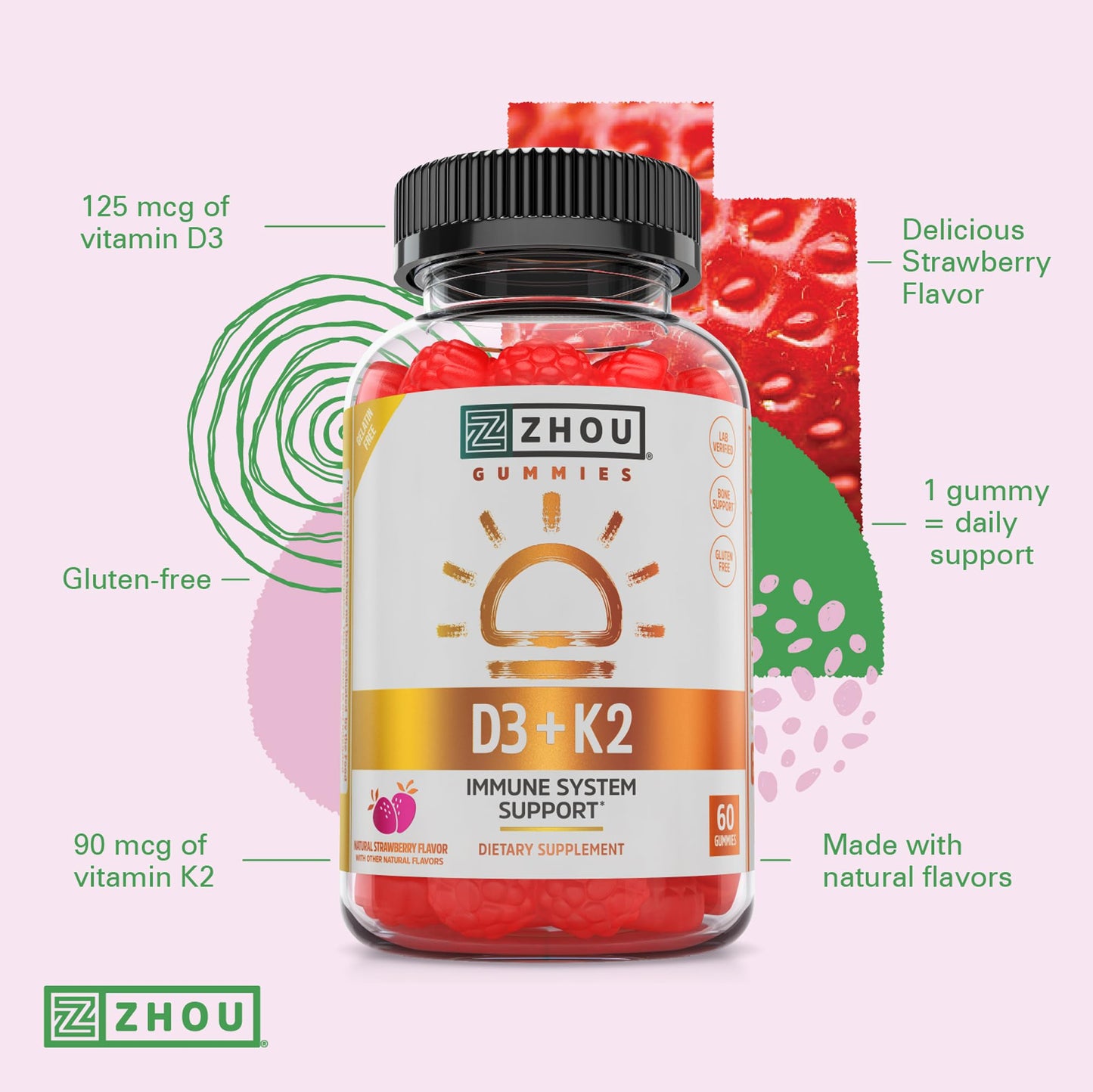 Pre-Order | Arrives in 5–10 Days – Zhou D3+K2 - Vitamin D3 K2 Supplement for Women & Men, Immune Support Vit D3 and K2 Gummy, Gelatin Free Formula with 5000 IU of D3 and MK-7 - 60 Veggie Gummies (Pack of 1)