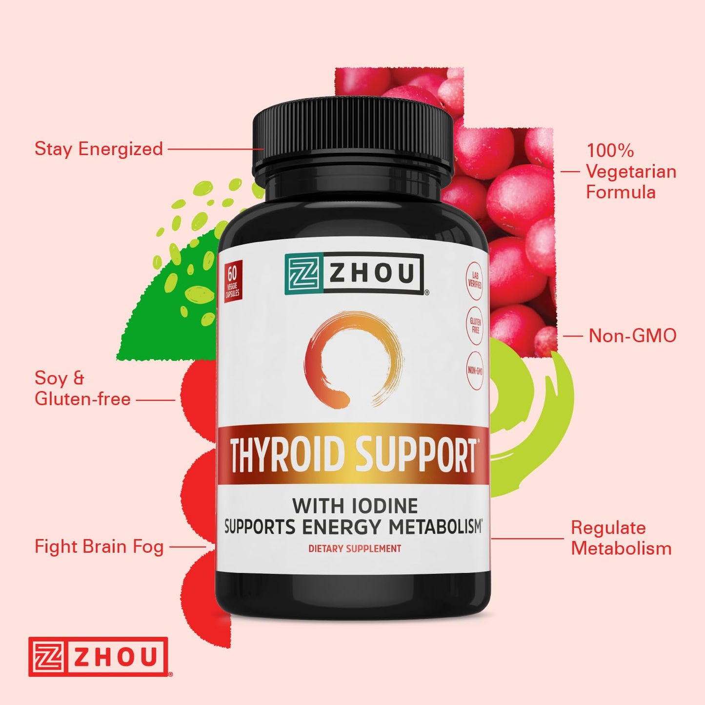 Pre-Order | Arrives in 5–10 Days – Zhou Thyroid Support - Thyroid Supplement for Women & Men with Zinc, Iodine, & Selenium, Metabolic Health Thyroid Complex with Ashwagandha, Kelp - 60 Veggie Capsules (Pack of 1)